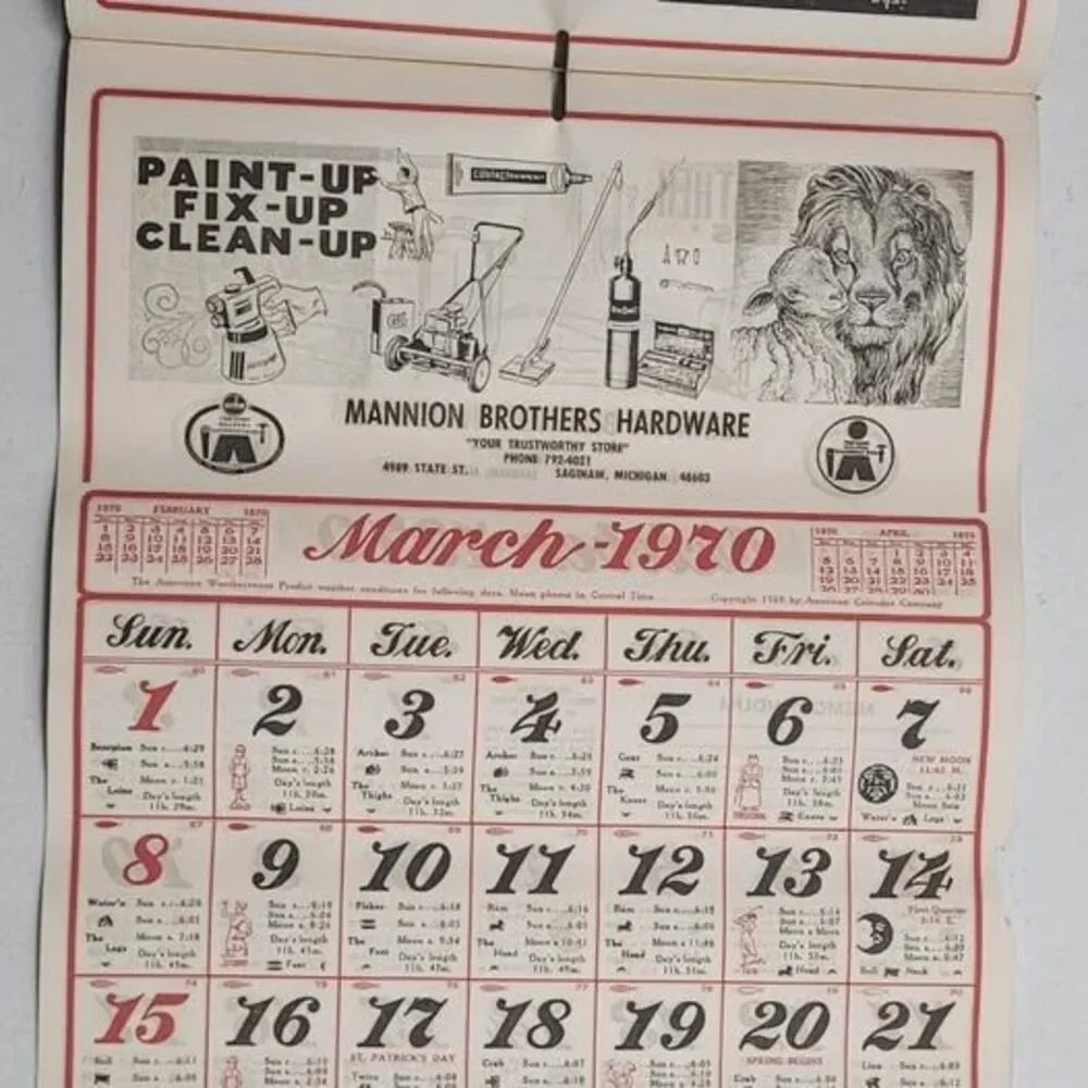 Vintage 1970 Mannion Brothers Hardware Calendar